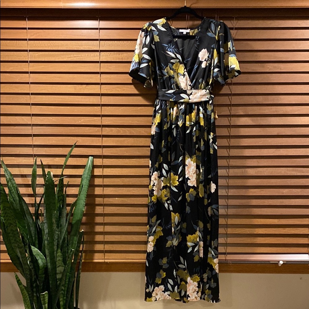 Baltic Born Black and Pink Flutter Sleeve Maxi Dress